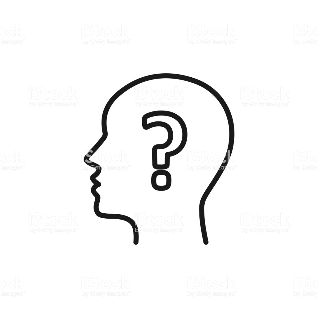 Black isolated outline icon of head of man and question mark on white background. Line icon of head of man and question mark. Symbol of idea, doubt. Flat design